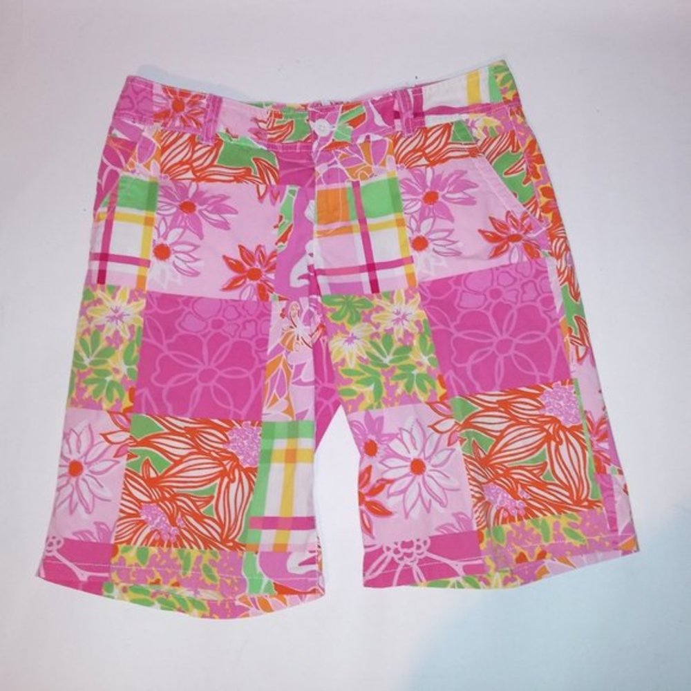 Lilly Pulitzer Shorts Size 6 Bermuda Pink Green Floral 97% Cotton 3% Sp…‎
